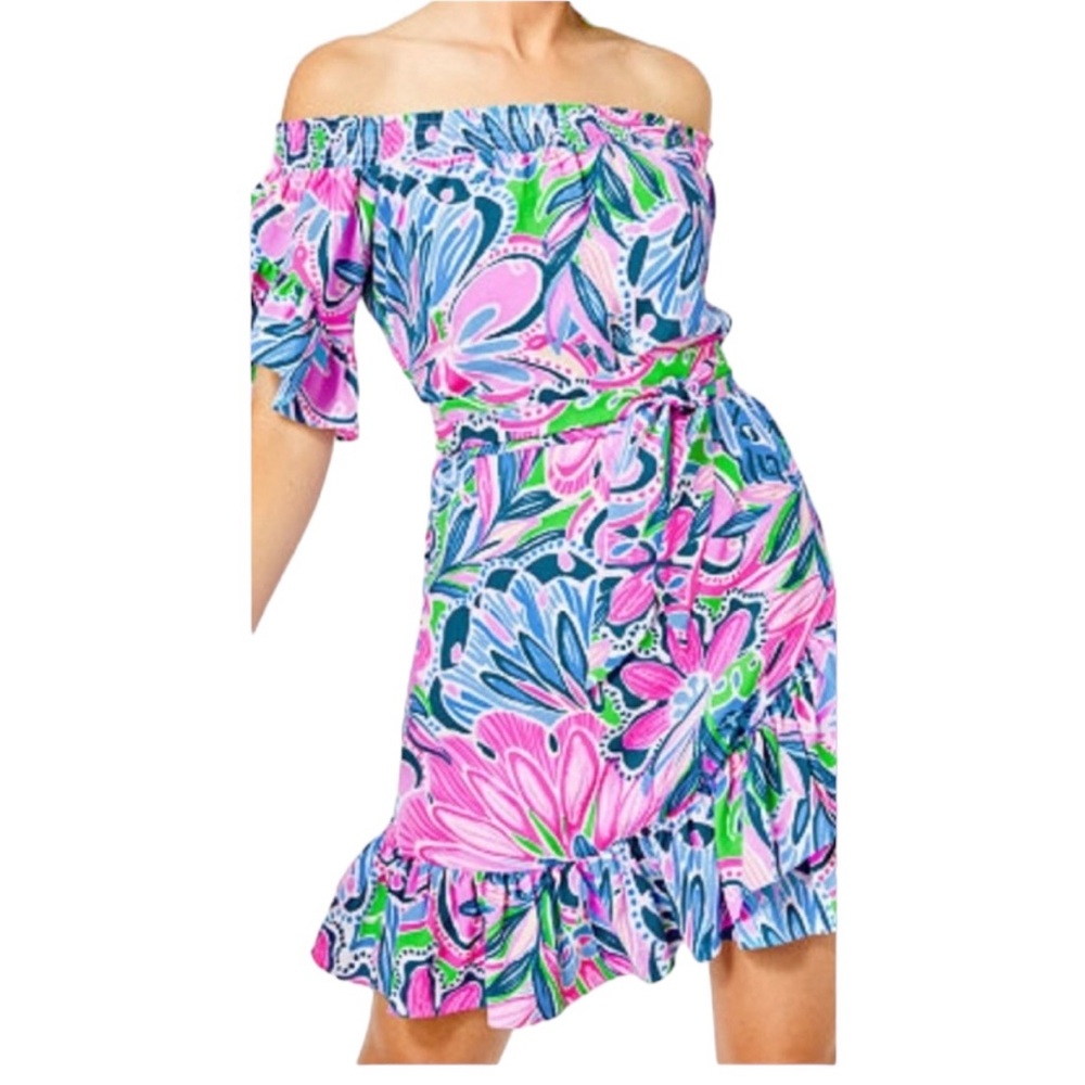 Lilly Pulitzer NWT Maddlyn Off Shoulder stretchy Dress Tiger Sunrise sundress L - Picture 3 of 9